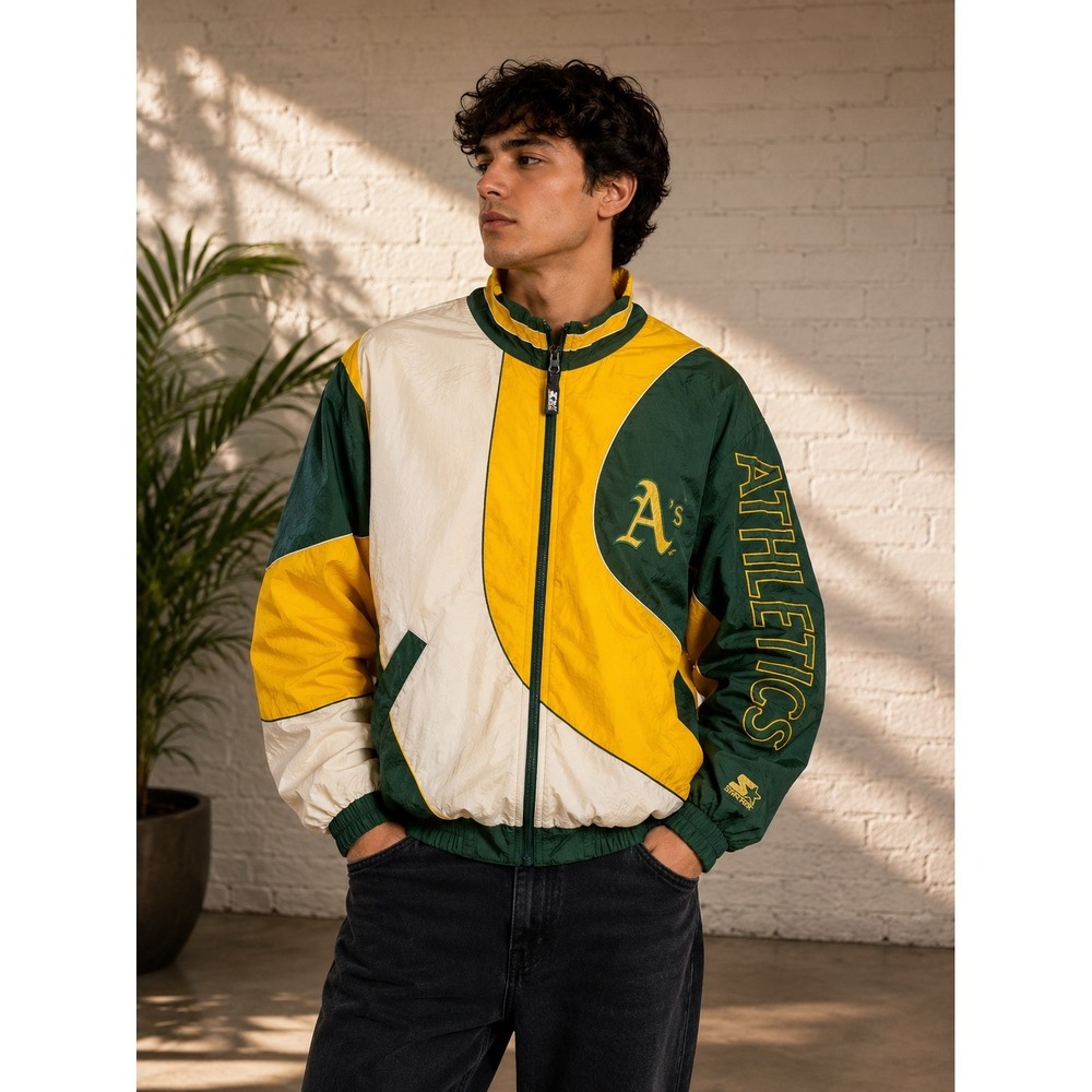 Vintage Pro Layer Oakland Athletics Windbreaker Jacket Green Yellow Mens Medium